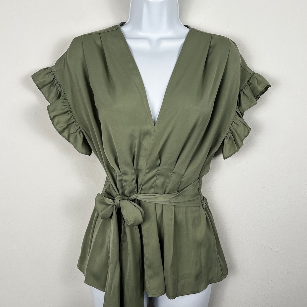 Max Studio Green Silk V-Neck Blouse with Flutter Sleeves Women Size M